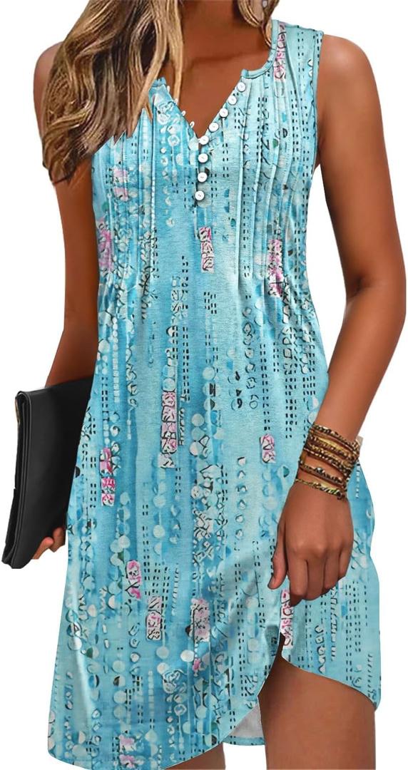 Disamer Beach Dresses for Women 2025 Vacation Swim Cover up V-Neck Summer Dress Button Down Sleeveless Boho Floral Sundress (Medium, Dewdrop Blue)
