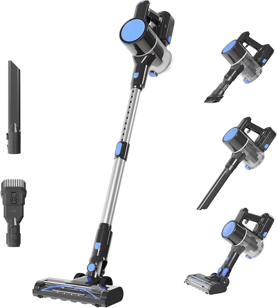 DUMOS Cordless Vacuum Cleaner, Lightweight Rechargeable Upright Vacuum with Flexible Steering, Extendable Pole, LED Light, 3 Brush Heads & Wall Mount, Ideal for Hardwood Floors & Household Cleaning