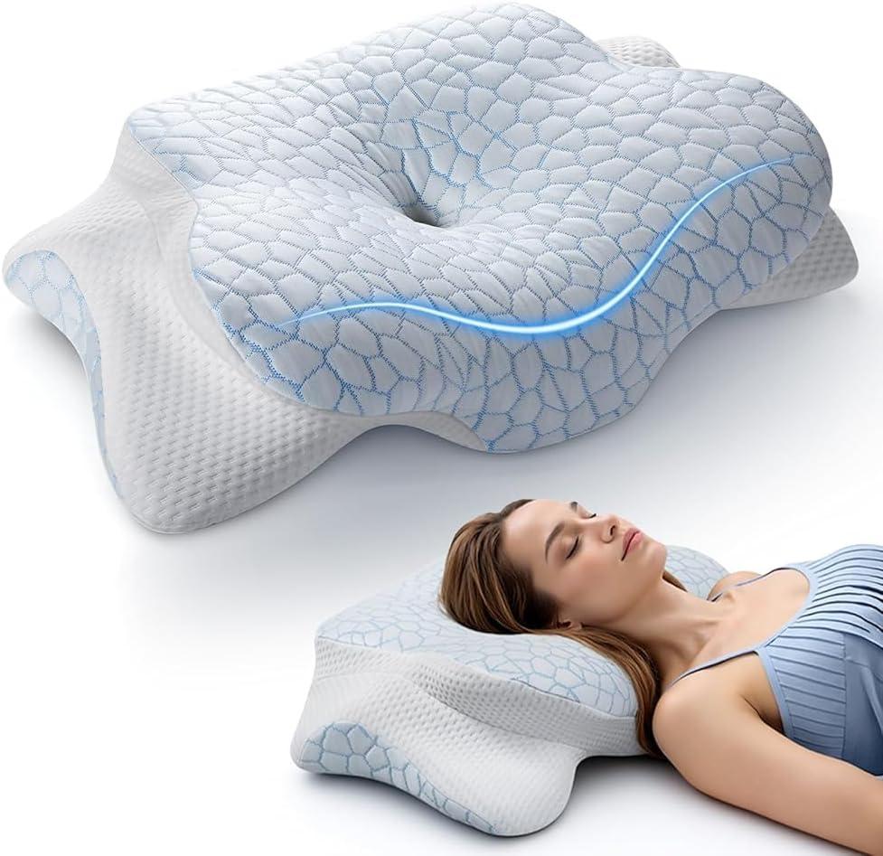 JINXIA Cervical Neck Pillow for Neck and Shoulder, Odorless Memory Foam Pillow with Soft Silk Cover, Ergonomic Orthopedic Neck Support Pillow for Side, Back & Stomach Sleepers - White