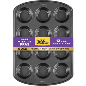 Wilton Gold Non-Stick Bakeware Muffin Pan - Baking Pan for Muffins & Cupcakes - Made Without PFAS, Dent Resistant & Dishwasher Friendly - Offers Even Heat Distribution - 10.5 x 15 x 2 Inches, 12 Cup