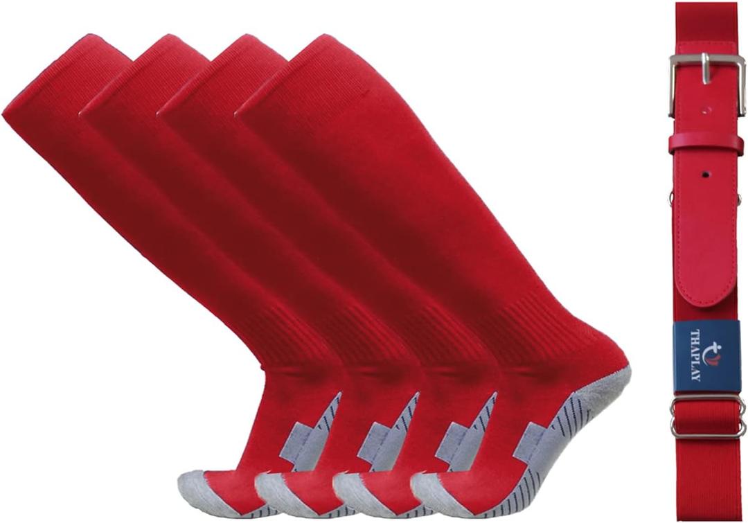 Thaplay Baseball/Softball Belt for Kids Boys Youth Men Women Adult (2 Pairs of Socks and Belt) With 2 Pairs Baseball socks (Red, M)