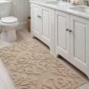 DEXI Bathroom Rug 17x30, Non Slip Washable Bath Mat for Shower Floor, Absorbent Soft Bathmat with Rubber Backing, Plush Fluffy Microfiber Floral Retro Carpet, Beige