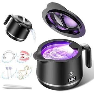 Ultrasonic Retainer Cleaner Machine: Dental Cleaning Pod for Denture/ Mouth Guard/ Aligner/ Night Guard/ Braces/ Toothbrush Heads/ Jewelry - 45kHz Retainer Cleaner with Digital Timer & 200ML