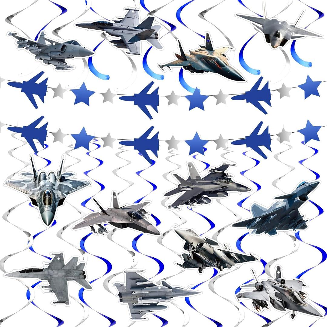 26 Pcs Airplane Party Supplies Air Force Banner Garland Hanging Swirls Fighter Jet Party Decoration for Birthday Retirement Airplane Whirls Ceiling Swirls Streamers Aviation Decoration (Red,white, Blue)