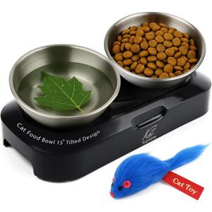 Cat Food Bowl - KATSUPREME Cat Bowls for Indoor Cats | Set of 2 Stainless Steel Bowl, Tilted Bowls Elevated Anti Vomiting, Non-Slip Base, Ant Proof Food & Water.