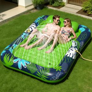 JOSEN Inflatable Tanning Pool Lounger Float with Sprinkler, XXL Large Pool Floats Adult Heavy Duty 83" x 63", Suntan Tub Water Pool Lounge Rafts, River Lake Floaties Water Floats with Cup Holders