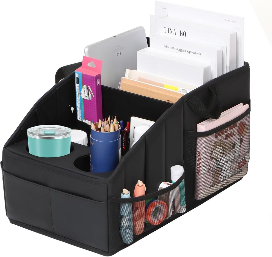 Car Seat Organizer,WHHMK Premium PU Leather Backseat Car Organizer Keep Tidy,Car Storage with 11 Storage Compartments and 2 Large Size Cup Holders,Passenger Seat Organizer for kids,Travel Accessories (Black)