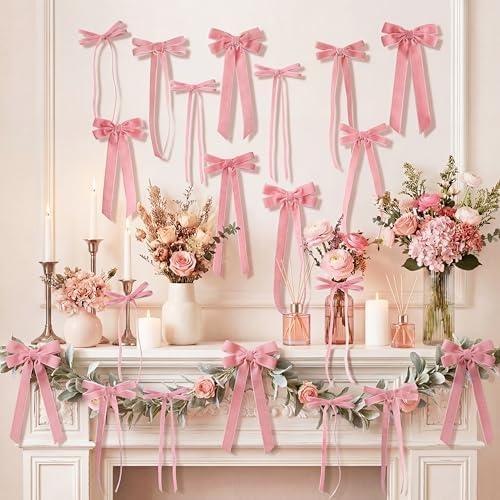 24 Pcs Pink Vintage Velvet Bows Ornaments, 5x10 Inch Luxury 3 Assorted Widths for Baby Shower Bridal Christmas Birthday Valentine's Day, Reusable Coquette Room Wall Backdrop Photo Decor