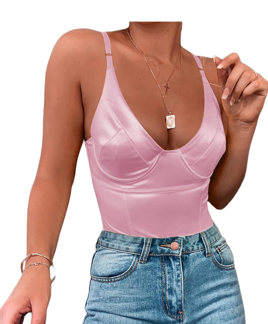 Velius Women's Sexy Metallic Shiny Bodysuit Tank Tops for Night Club Going Out, XL