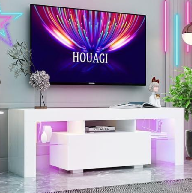 HOUAGI LED TV Stand for Televisions up to 55 Inchs,Modern Entertainment Center with Storage Drawer and Glass Shelf, TV Console Table for Living Room,Bedroom (Black, 50in) (51in, Black)