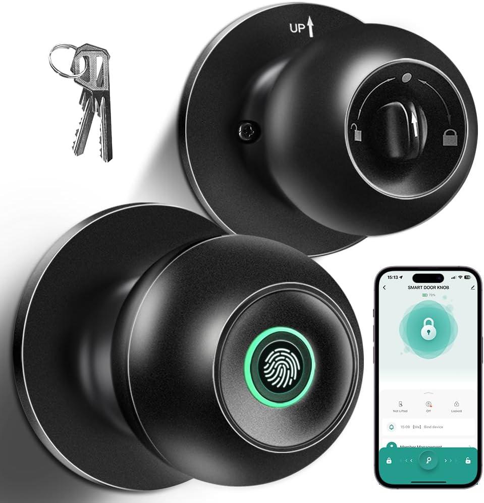 Fingerprint Door Lock, Smart Fingerprint Door Knob with Lock, Biometric Door knob with App Control & Key, Keyless Thumbprint Entry Door Lock for Bedroom, Front Door, Home, Apartment Office and Garages (Black)