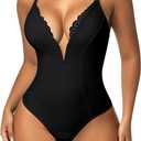 SHAPERIN Women's Lace Deep V Neck Cami Bodysuit Plunge Tummy Control Shapewear Thong Body Suits Double Lined Body Shaper (Small, Black)