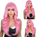 SUKRI Pink Wigs for Women Long Layered Wigs with Bangs Heat Resistant Hair Bang Wig Put on Go for Party Daily Cosplay Use