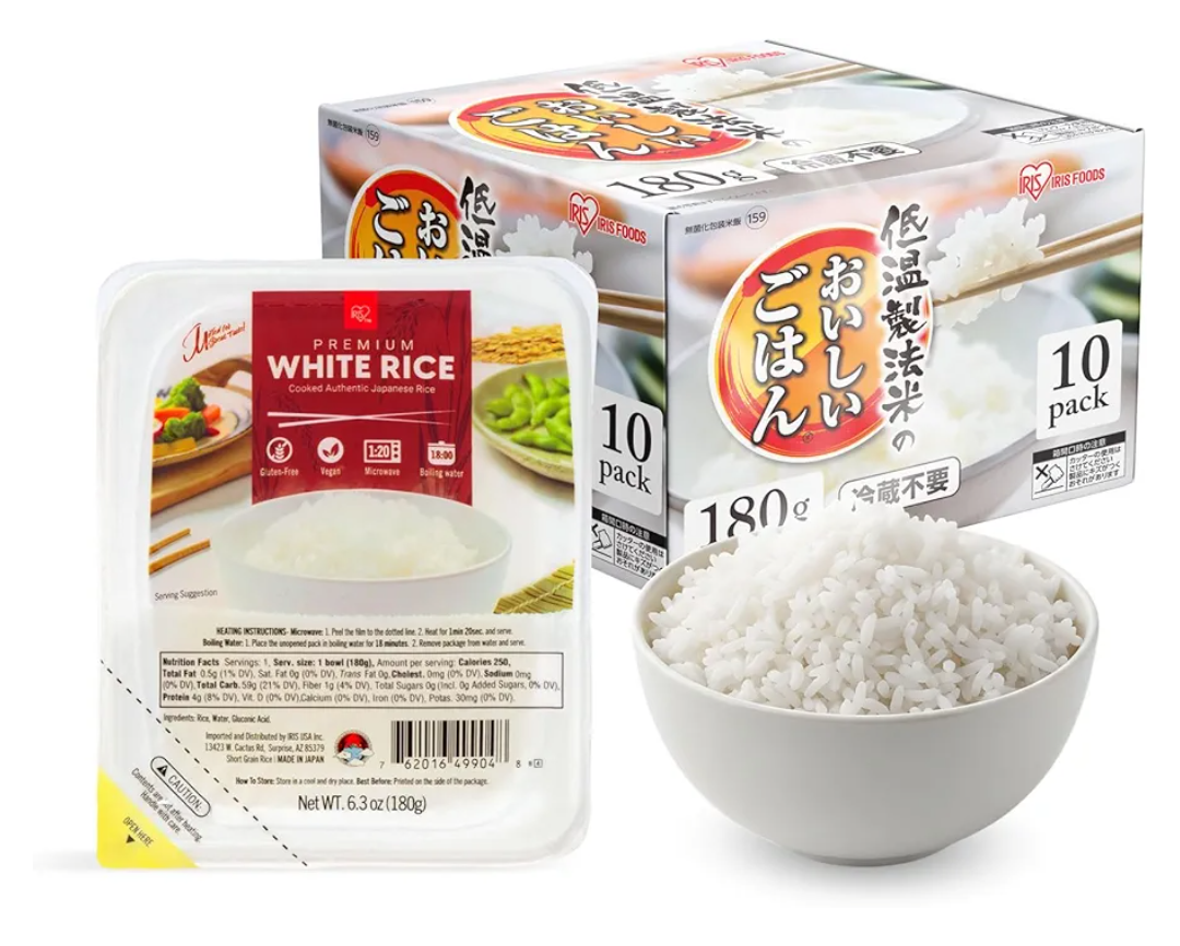 IRIS Instant White Rice (10 Pack), Ultra Premium Japanese Short Grain Sushi Sticky Rice, Microwave for 80 seconds (1.2 Minutes), Gluten Free Vegan, Grown Polished and Packed in Japan, Best By 12/2025