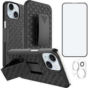 Ailiber Designed for iPhone 15 Case with Stand, iPhone 15 Belt Clip Holster with Camera Lens & Screen Protector, Swivel 2-in-1 Holder, Slim Shockproof Pouch Full Body Protective Cell Phone Cover-Black