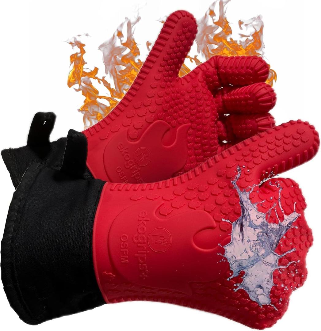 Ekogrips Plus Oven Gloves with Fingers, Comfy Waterproof Silicone Oven Mitts Heat Resistant with Long Cuff, Insulated BBQ Gloves Perfect for Grilling, Baking, Smoker, Canning, Pizza, Red, Hot Mitts (OSFM)