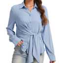 Fyralis Women's Dressy Long Sleeve Button Down Blouse with DIY Knot, Business Casual Lightweight Solid Shirt (US, Alpha, X-Large, Regular, Regular, Blue) (Blue, XL)