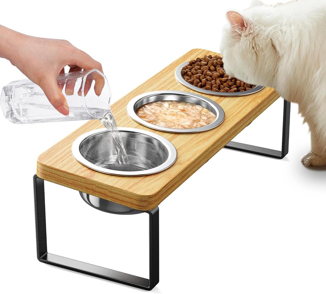 Elevated Cat Bowls with 3 Stainless Steel Bowls | 10 Tilted Anti-Vomiting Raised Cat Food Bowl for Small Cats and Puppies Pet Bowl with Stand (Bamboo)