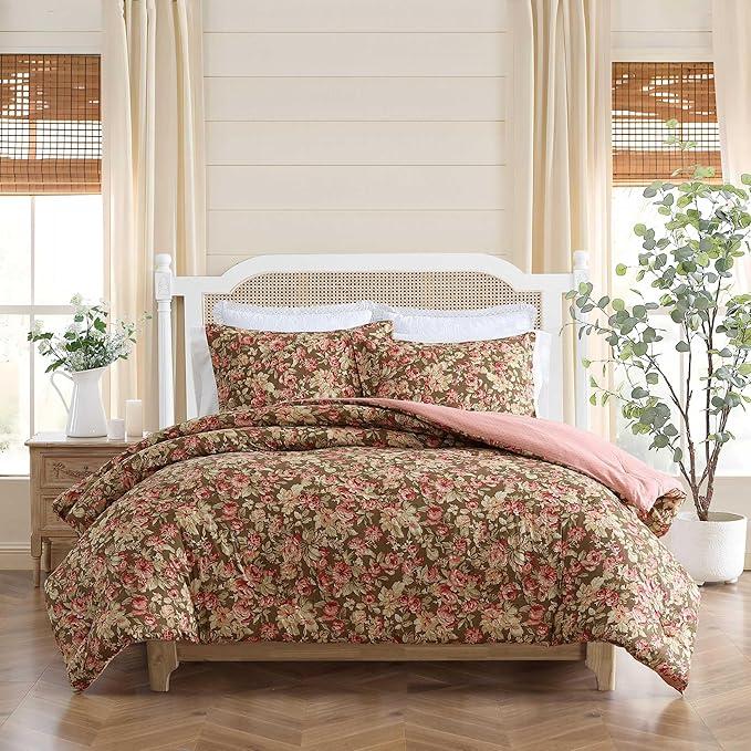 Laura Ashley - Twin Comforter Set, Soft Cotton Bedding with Matching Shams, Floral Home Decor, Oeko-Tex Certified (Bloomsbury Brown, Twin)