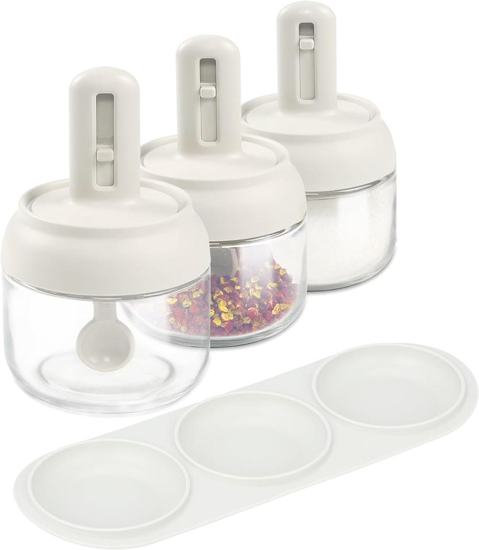 Povinmos 3 Piece Glass Salt Container | Storage | Pepper,Table Salt, Sugar,Gourmet Salts,Spice |Chili Herbs |10 oz |Glass Salt Container with Lid and Retractable Spoon