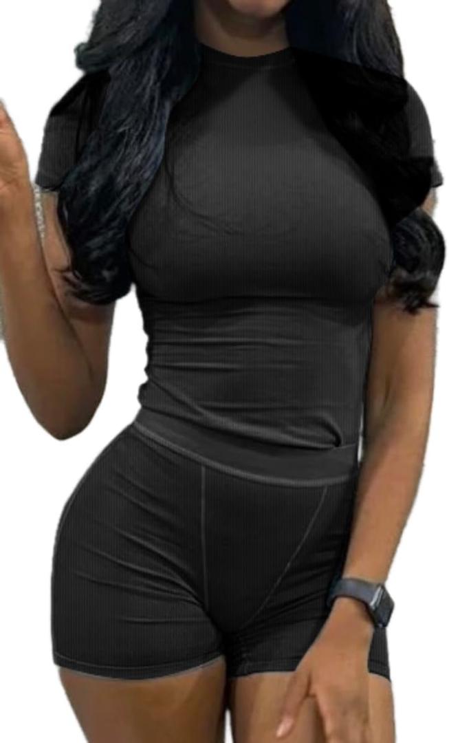 AYWA Two Piece Outfits for Women Fitted Crew Neck T-shirt High Waist Leggings Biker Shorts Matching Sets Streetwear (Small)