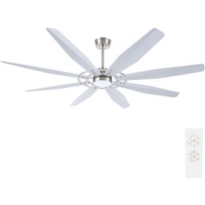60 inch Modern Ceiling Fan with Light & Remote Control, Aluminum 8-Blades Large Industrial Ceiling Fan,Reversible Quiet DC Motor,3CCT/6-Speed, for Living Room, Brushed Nickel and Silver