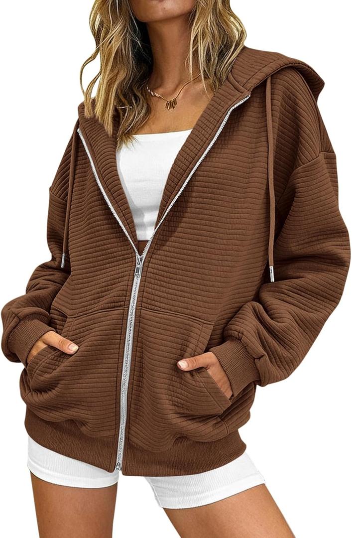 BTFBM Zip Up Hoodie Women Long Sleeve Sweatshirts Fall Outfits 2025 Oversized Hoodies Casual Fashion Jackets (Brown, L)