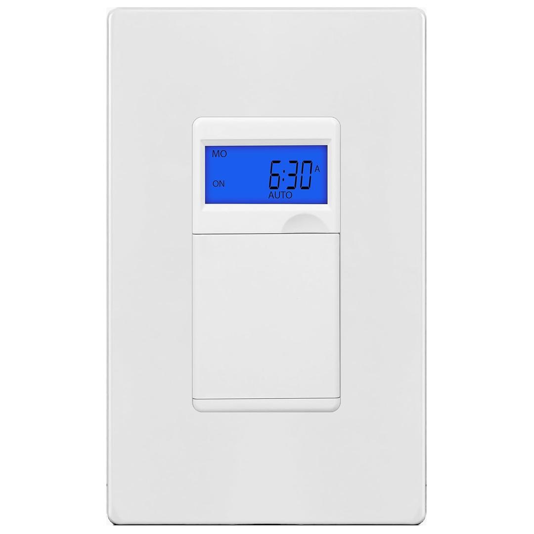 Enerlites 7 Days Digital in-Wall Programmable Timer Switch for Lights, Fans, and Motors, Single Pole, Neutral Wire Required, 18 ON/Off Timer Settings, with Blue Backlight, White, Screwless Wall Plate