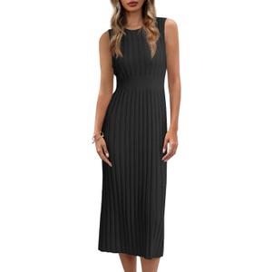Danedvi Women's Knit Midi Tank Dress 2025 Fall Sleeveless Ribbed Crew Neck Bodycon Casual Basic Going Out Dresses (Black, XS)