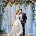 10x10ft Baby Blue Tulle Backdrop Curtain with Lights String for Parites, Sheer Photo Backdrop Curtain Drapes for Wedding Baby Shower Bridal Shower Birthday Party Photo Shoot Decorations