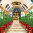 12 Pcs 26 Inch Easter Artificial Palm Leaves Large Tropical Green Leaves with Red Ribbon Green Large Faux Greenery Plants for Easter Party Decoration Sunday Church Pew Decorations