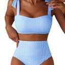 Herseas Women's Tie Shoulder Bikini Sets 2 Piece Striped Swimsuits High Waisted Bathing Suits (Blue, M)