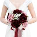 Wedding Bouquet for Bride - Premade Simple Artificial Roses Flowers for Bridal Shower Destination Ceremony Anniversary Decorations (Burgundy & Dusty Pink)