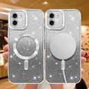NITITOP Compatible with iPhone 12 Case Cute Clear Glitter [Compatible for MagSafe] Sparkle Bling Magnetic Plating Heart Girl Women Electroplated Frame Camera Protection Back Cover - Silver