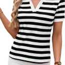 LilyCoco Womens Striped Shirt Fitted Collared Neck Short Sleeve T Shirt Black and White Medium (M)