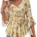 Timeson Women's 3/4 Sleeve Tops Dressy Casual V Neck Floral Blouses Elastic Waist Fall Shirts (Yellow, XL)
