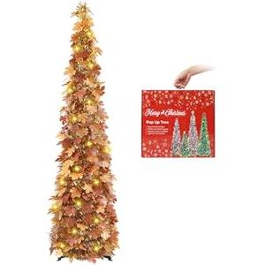 MACTING Fall Tree with 100 LED Lights 5FT Collapsible Autumn Maple Leaf Pop Up Tinsel Tree Battery Operated with Timer Easy-Assembly for Porch Home Apartment Holiday Thanksgiving Xmas Decor(Brown)