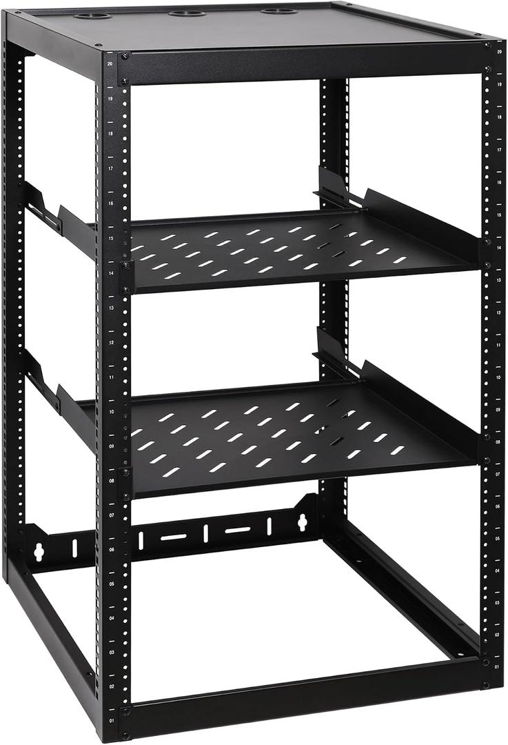 RackPath 20U Open Frame Network Rack with 2X 14in Vented 1U Shelves Rear Support, Wall Mount/Floor Standing Network Cabinet, Heavy Duty 150 lbs Capacity for IT & AV Gear, Audio and Video Device