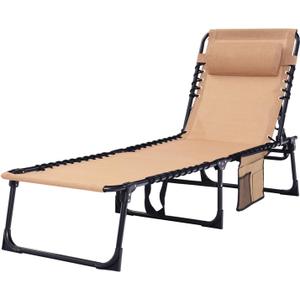 Folding Chaise Lounge Chair Bed - Heavy-Duty 400lb Capacity Portable Adjustable Recliner w/Pillow for Patio, Pool, Camping, Sunbathing - Lay Flat Design (Beige) (1)