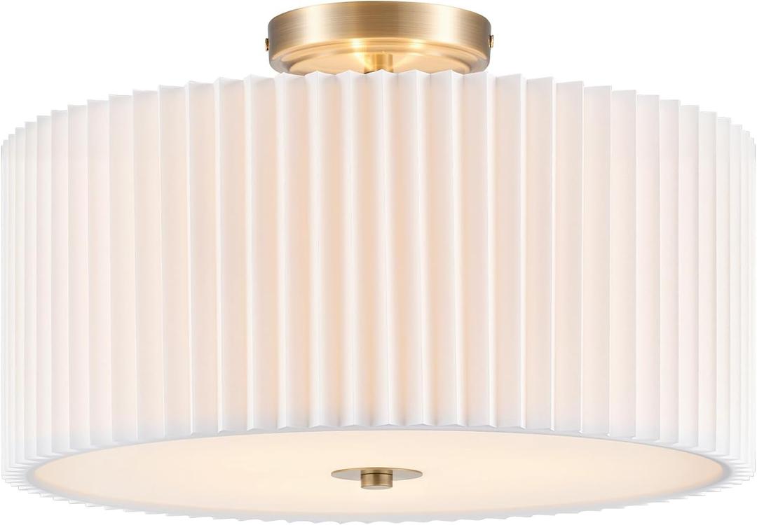 VONLUCE Semi-Flush Mount Ceiling Light, 15.7" Modern 3-Light Ceiling Light Fixture with White Pleated Drum Shade 3 E26 Sockets for Bedroom Entryway Living Room, Bronze Finish, ETL Certificated