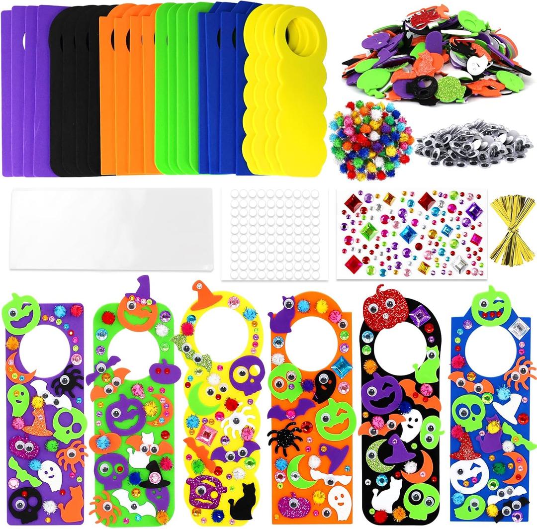 24 Set Halloween Craft Kits for Kids, DIY Halloween Doorknob Hanger Decorations Fall Arts & Crafts Supplies, Halloween Pumpkin Bat Ghost Monster Foam Stickers for Classroom Party Favors Activities (Classic)