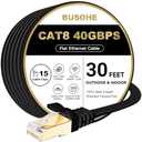 BUSOHE Cat 8 Ethernet Cable 30 FT, 40Gbps 2000MHz Cat8 High Speed Flat Internet Network Patch Cord, SFTP Shielded LAN Wire with Gold Plated RJ45 Connector, with Clips, Outdoor Indoor- 30FT Black