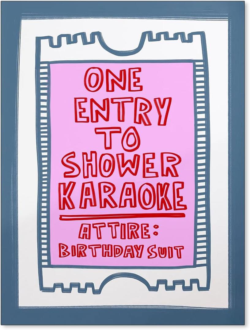 Funny Bathroom Wall Art Pink and Blue Retro Bathroom Signs Wall Decor Poster One Entry to Shower Karaoke Prints for Restroom Toilet 12x16inch Unframed