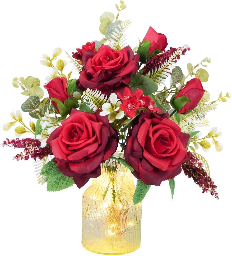 HUAESIN Valentine Centerpieces for Tables Valentines Day Flowers in Vase Red Artificial Roses with Light Valentine's Day Decorations for Wedding Party Kitchen Dining Room Home Decor