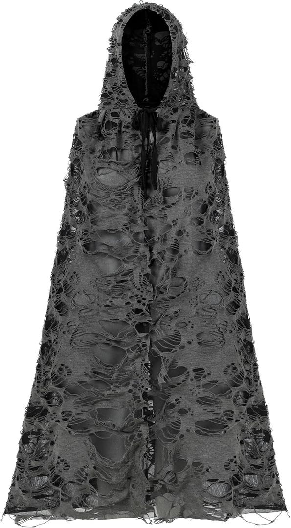 Halloween Tattered Cloak Grim Reaper Hooded Cape Retro Medieval Ghost Black Cape for Adult Halloween Wizard Cosplay