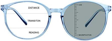 LAMBBAA Vintage Round Progressive Multifocal Presbyopic Glasses, Photochromic Gray Sunglasses for Men Women Readers (+2.50 Magnification), Clear Blue