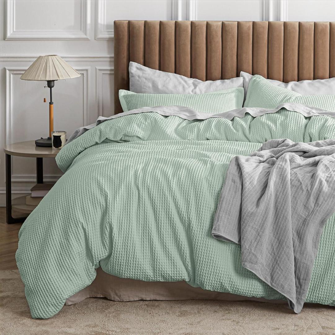 Bedsure Waffle Comforter Set King, Sage Green Soft Bedding, Waffle Weave Bed Set, 3 Pieces, 1 Comforter (104"x90") and 2 Pillow Shams, Cotton Shell and Polyester Lining for All Seasons