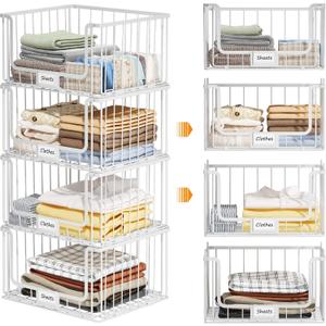 Quszmd 4Tier Stackable Closet Organizers and Storage, Clothes Shelf Organizer, Foldable Wire Basket Bins, Sweater Storage for Closet and Pantry,11.8" D x 15.7" W, White