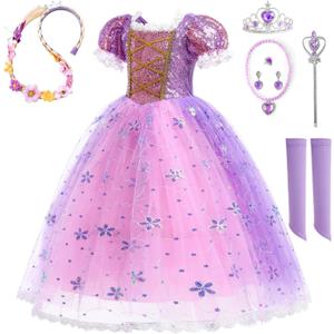Purple Dress Princess Costume Girls Dress Up for Birthday Party Christmas Theme Outfit Accessory (9-10 Years)