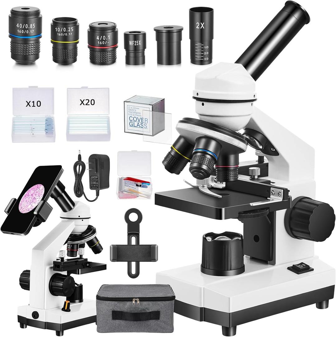Microscope for Adults Kids,40X-2000X Monocular Microscope Kit for Home School Lab, 2 LED Lights & 5 Colors Kids Microscope with Phone Holder,10 Specimen Slides,20 Slides,100 Coverslips, Bag